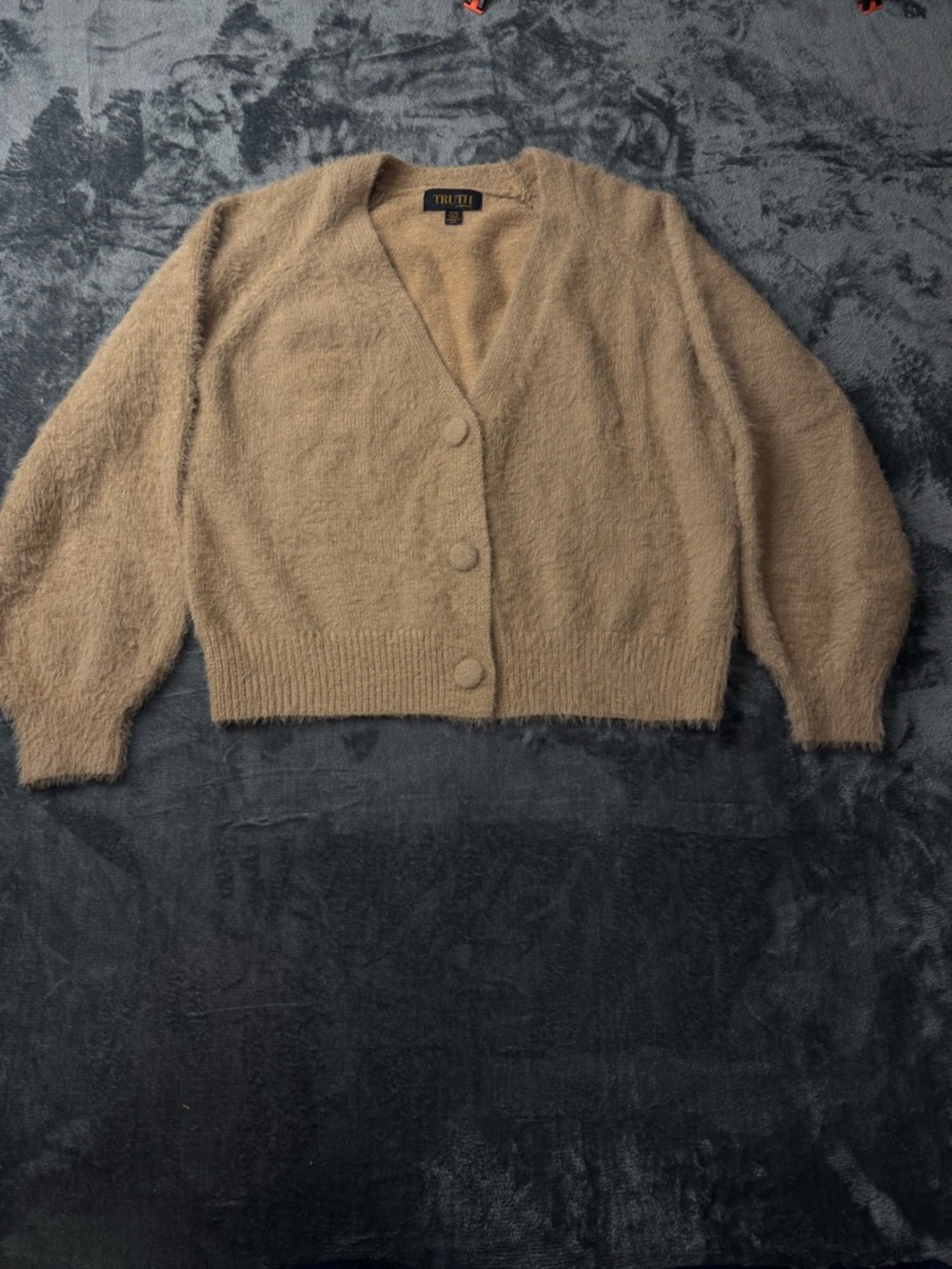 Truth Fuzzy V-Neck Button Cardigan in Tan
